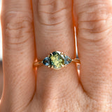 1.61ct Oval Madagascar Parti Sapphire and Trillion Sapphire Three Stone Low Profile Ring in 14k Yellow Gold