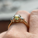 1.61ct Oval Madagascar Parti Sapphire and Trillion Sapphire Three Stone Low Profile Ring in 14k Yellow Gold