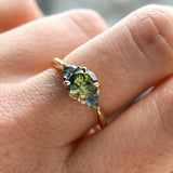 1.61ct Oval Madagascar Parti Sapphire and Trillion Sapphire Three Stone Low Profile Ring in 14k Yellow Gold