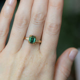 2.96ct Emerald Cut Deep Teal Green Sapphire and Diamond Vintage Cathedral Double Prong Ring in 14k Yellow Gold