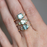 2.09ct Untreated Parti Cushion Madagascar Sapphire and Trillion Sapphire Three Stone Low Profile Ring in 14k Green Gold