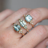 2.09ct Untreated Parti Cushion Madagascar Sapphire and Trillion Sapphire Three Stone Low Profile Ring in 14k Green Gold