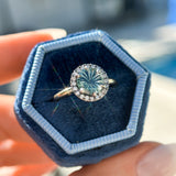 1.81ct Round Fantasy Carved Untreated Montana Sapphire and Antiqued Diamond Halo ring in 14k Yellow Gold