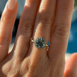 1.81ct Round Fantasy Carved Untreated Montana Sapphire and Antiqued Diamond Halo ring in 14k Yellow Gold