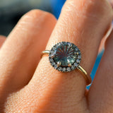 1.81ct Round Fantasy Carved Untreated Montana Sapphire and Antiqued Diamond Halo ring in 14k Yellow Gold