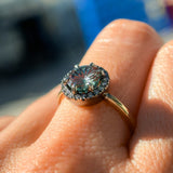 1.81ct Round Fantasy Carved Untreated Montana Sapphire and Antiqued Diamond Halo ring in 14k Yellow Gold