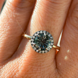 1.81ct Round Fantasy Carved Untreated Montana Sapphire and Antiqued Diamond Halo ring in 14k Yellow Gold