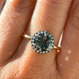 1.81ct Round Fantasy Carved Untreated Montana Sapphire and Antiqued Diamond Halo ring in 14k Yellow Gold