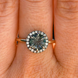 1.81ct Round Fantasy Carved Untreated Montana Sapphire and Antiqued Diamond Halo ring in 14k Yellow Gold