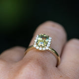 1.98ct Untreated Emerald Cut Parti Nigerian Sapphire Antique-Style Diamond Halo Ring in 14k Green Gold