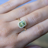 1.98ct Untreated Emerald Cut Parti Nigerian Sapphire Antique-Style Diamond Halo Ring in 14k Green Gold