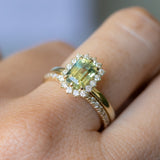 1.98ct Untreated Emerald Cut Parti Nigerian Sapphire Antique-Style Diamond Halo Ring in 14k Green Gold