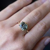 4.47ct Color Shifting Elongated Cushion Cup Sapphire Scallop Cup East-West Solitaire in 18k Yellow Gold