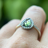 1.11ct Rosecut Pear Australian Green Sapphire and Antiqued Diamond Halo ring in 14k White Gold