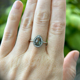 1.11ct Rosecut Pear Australian Green Sapphire and Antiqued Diamond Halo ring in 14k White Gold