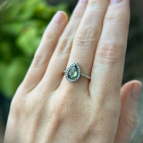 1.11ct Rosecut Pear Australian Green Sapphire and Antiqued Diamond Halo ring in 14k White Gold