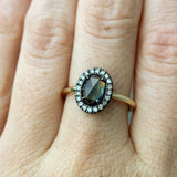 1.20ct Rosecut Oval Australian Green Sapphire and Antiqued Diamond Halo ring in 14k Yellow Gold