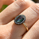 1.20ct Rosecut Oval Australian Green Sapphire and Antiqued Diamond Halo ring in 14k Yellow Gold
