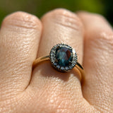 1.20ct Rosecut Oval Australian Green Sapphire and Antiqued Diamond Halo ring in 14k Yellow Gold