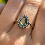 1.11ct Rosecut Pear Australian Green Sapphire and Antiqued Diamond Halo ring in 14k White Gold