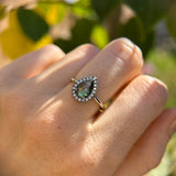 1.11ct Rosecut Pear Australian Green Sapphire and Antiqued Diamond Halo ring in 14k White Gold
