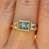1.06ct Unheated Step Cut Teal Bezel Set Sapphire and White Cadillac Prong Set Sapphire Low Profile Three Stone Ring in 14k Yellow Gold