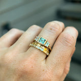 1.06ct Unheated Step Cut Teal Bezel Set Sapphire and White Cadillac Prong Set Sapphire Low Profile Three Stone Ring in 14k Yellow Gold