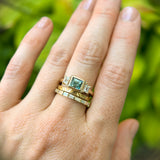 1.06ct Unheated Step Cut Teal Bezel Set Sapphire and White Cadillac Prong Set Sapphire Low Profile Three Stone Ring in 14k Yellow Gold