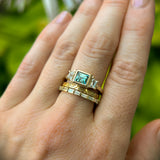 1.06ct Unheated Step Cut Teal Bezel Set Sapphire and White Cadillac Prong Set Sapphire Low Profile Three Stone Ring in 14k Yellow Gold