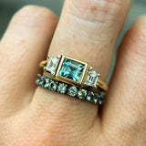 1.06ct Unheated Step Cut Teal Bezel Set Sapphire and White Cadillac Prong Set Sapphire Low Profile Three Stone Ring in 14k Yellow Gold