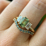1.52ct Emerald Cut Parti Sapphire and Lab Grown Diamond Three Stone Low Profile Ring in 14k Yellow Gold