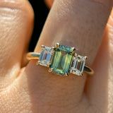 1.52ct Emerald Cut Parti Sapphire and Lab Grown Diamond Three Stone Low Profile Ring in 14k Yellow Gold