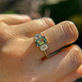 1.52ct Emerald Cut Parti Sapphire and Lab Grown Diamond Three Stone Low Profile Ring in 14k Yellow Gold
