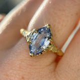 3.16ct Unheated Purple Madagascar Marquise Sapphire Evergreen Carved Low Profile 6 Prong Solitaire in 14k Yellow Gold