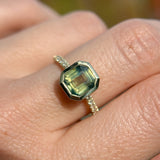 2.18ct Emerald Cut Parti Madagascar Sapphire Low Profile Bezel Solitaire Ring with Pavé Set Diamonds in 14k Green Gold