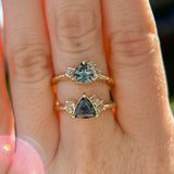 0.78ct Teal Montana Sapphire and Genuine Antique Diamond Mountainscape Ring in 14k Evergreen Carved Yellow Gold