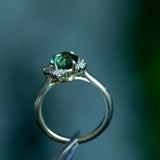 1.82ct Round Untreated Australian Green Sapphire and Diamond Asymmetrical Cluster Ring in 14k Green Gold