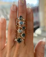 1.15ct Round Teal Montana Sapphire and Diamond Asymmetrical Cluster Ring in 14k Yellow gold with Evergreen Texture
