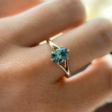 1.46ct Oval Precision Cut Montana Sapphire Low Profile Six Prong Split Shank Solitaire in 14k Yellow Gold