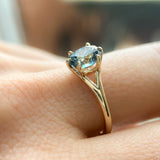 1.46ct Oval Precision Cut Montana Sapphire Low Profile Six Prong Split Shank Solitaire in 14k Yellow Gold