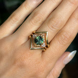 3.10ct Cushion Cut Untreated Umba Teal Green Sapphire Scalloped Diamond Cluster Ring in 14k Yellow Gold