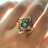 3.10ct Cushion Cut Untreated Umba Teal Green Sapphire Scalloped Diamond Cluster Ring in 14k Yellow Gold