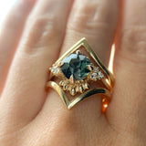 3.10ct Cushion Cut Untreated Umba Teal Green Sapphire Scalloped Diamond Cluster Ring in 14k Yellow Gold