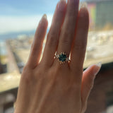 3.10ct Cushion Cut Untreated Umba Teal Green Sapphire Scalloped Diamond Cluster Ring in 14k Yellow Gold