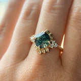 3.10ct Cushion Cut Untreated Umba Teal Green Sapphire Scalloped Diamond Cluster Ring in 14k Yellow Gold