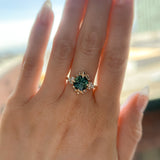 3.10ct Cushion Cut Untreated Umba Teal Green Sapphire Scalloped Diamond Cluster Ring in 14k Yellow Gold