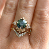 3.10ct Cushion Cut Untreated Umba Teal Green Sapphire Scalloped Diamond Cluster Ring in 14k Yellow Gold