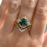 3.10ct Cushion Cut Untreated Umba Teal Green Sapphire Scalloped Diamond Cluster Ring in 14k Yellow Gold