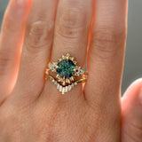3.10ct Cushion Cut Untreated Umba Teal Green Sapphire Scalloped Diamond Cluster Ring in 14k Yellow Gold
