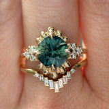 3.10ct Cushion Cut Untreated Umba Teal Green Sapphire Scalloped Diamond Cluster Ring in 14k Yellow Gold